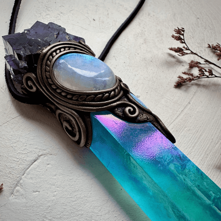 Aqua Aura Quartz Cubic Purple Fluorite Rainbow Moonstone Australian Opal Doublet and Blue Sapphire Wand / Pendant - FairyGardenGlow
