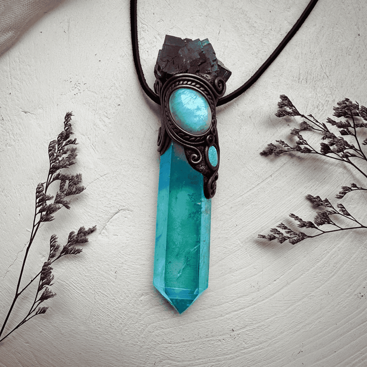 Aqua Aura Quartz Cubic Purple Fluorite Rainbow Moonstone Australian Opal Doublet and Blue Sapphire Wand / Pendant - FairyGardenGlow