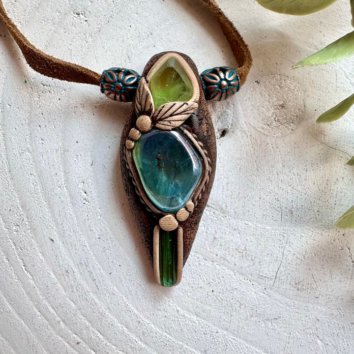 Aqua Aura Quartz Peridot and Green Tourmaline crystal talisman necklace handmade boho gemstone jewelry