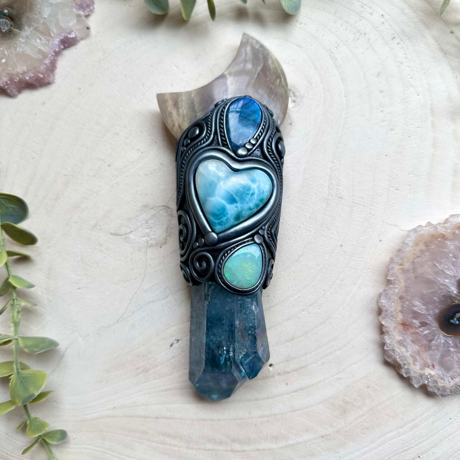 Spiritual crystal wand with rainbow moonstone and labradorite