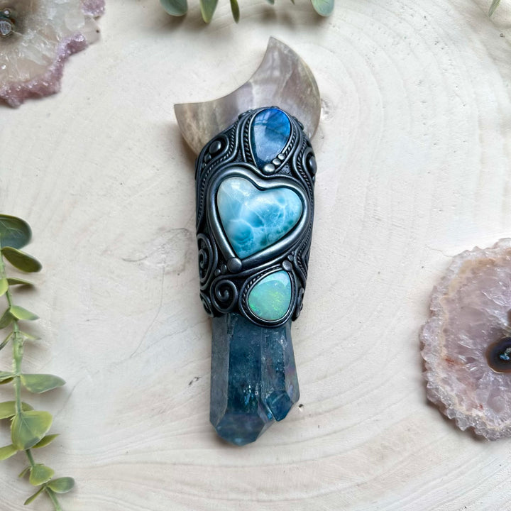 Spiritual crystal wand with rainbow moonstone and labradorite