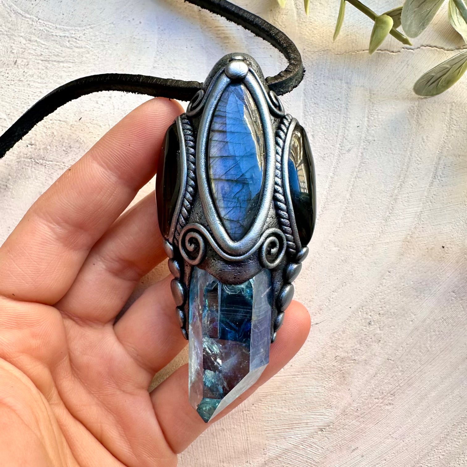 Aqua aura quartz labradorite and black onyx pendant necklace, healing crystal jewelry