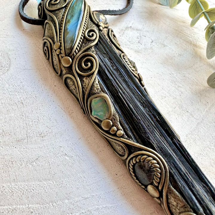 Handmade energy healing tool crafted with Black Tourmaline, Aqua Aura Quartz and natural gemstones.