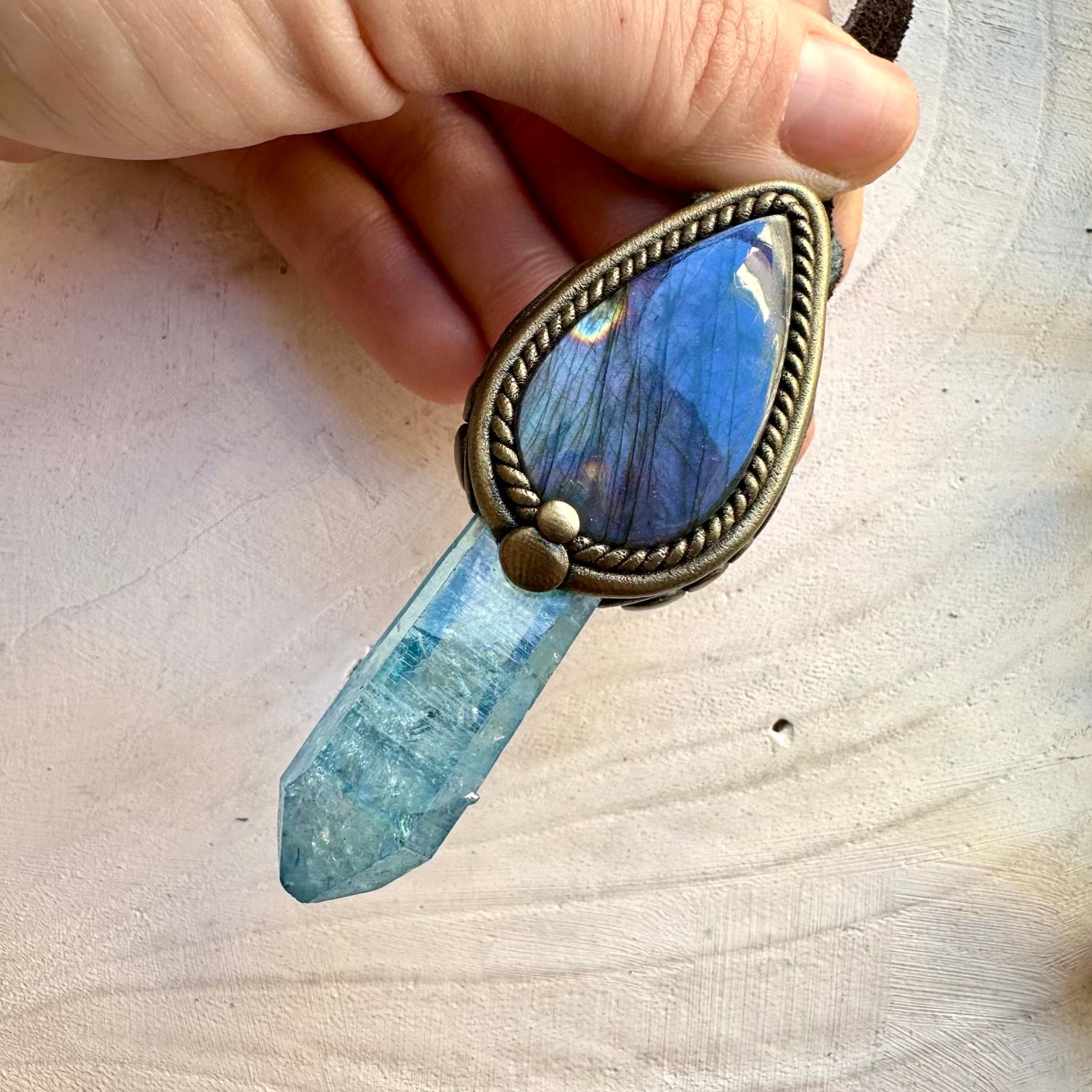 Aqua aura quartz and labradorite pendant necklace, unisex spiritual jewelry
