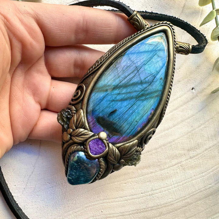 One of a kind gemstone pendant necklace with labradorite and aqua aura quartz