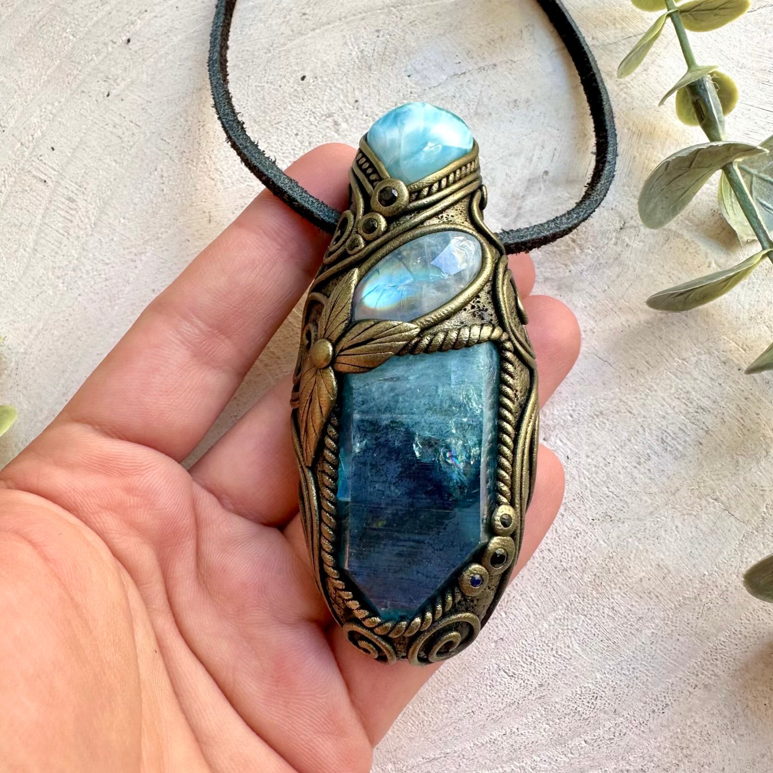 Aqua Aura Quartz with Larimar, Rainbow Moonstone and Blue Sapphire crystal talisman pendant necklace.