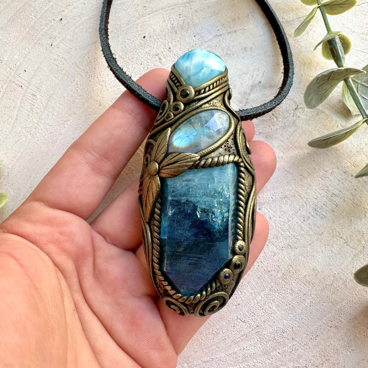 Aqua Aura Quartz with Larimar, Rainbow Moonstone and Blue Sapphire crystal talisman pendant necklace.