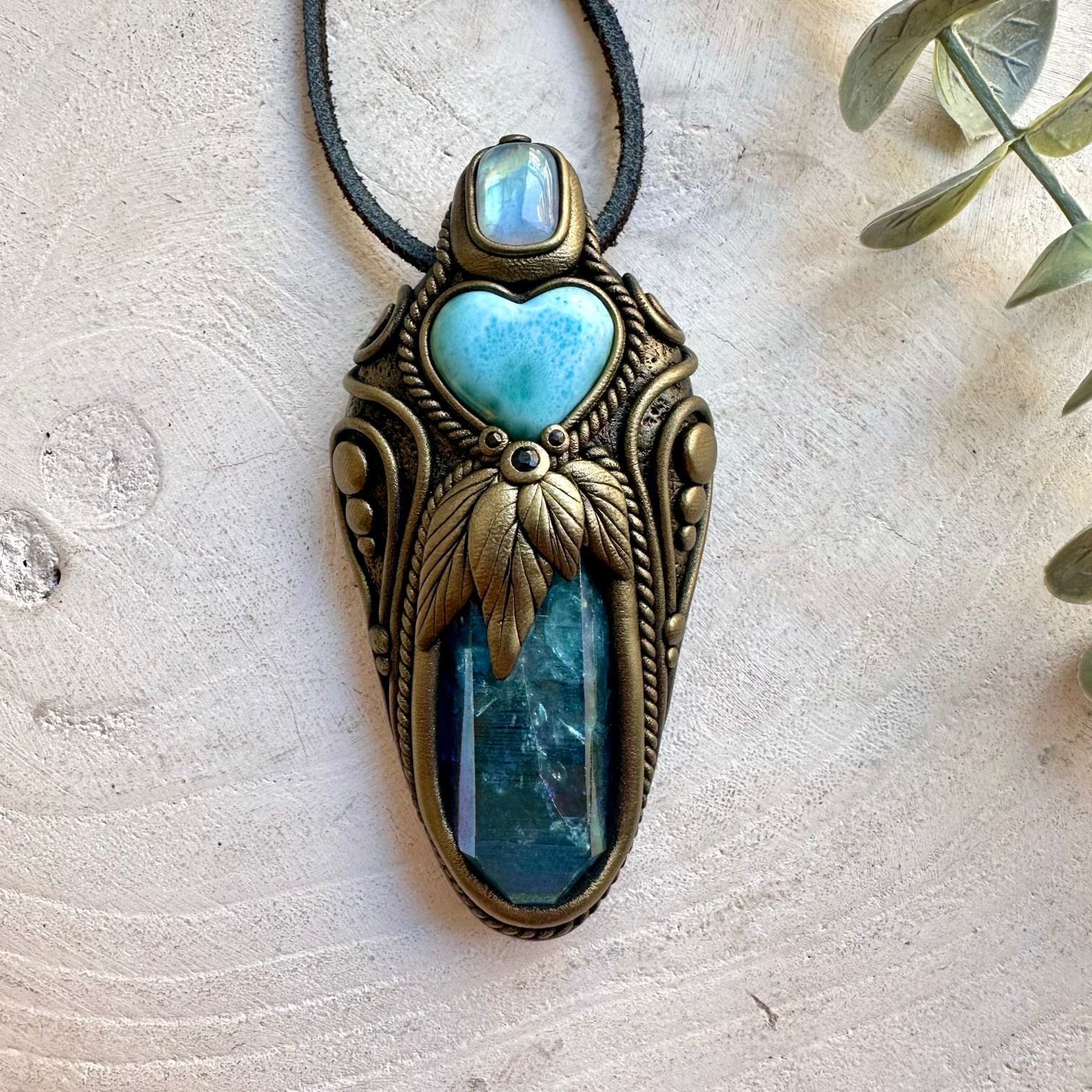 Natural gemstone pendant with a Larimar Heart, Rainbow Moonstone and Blue Sapphire accents.