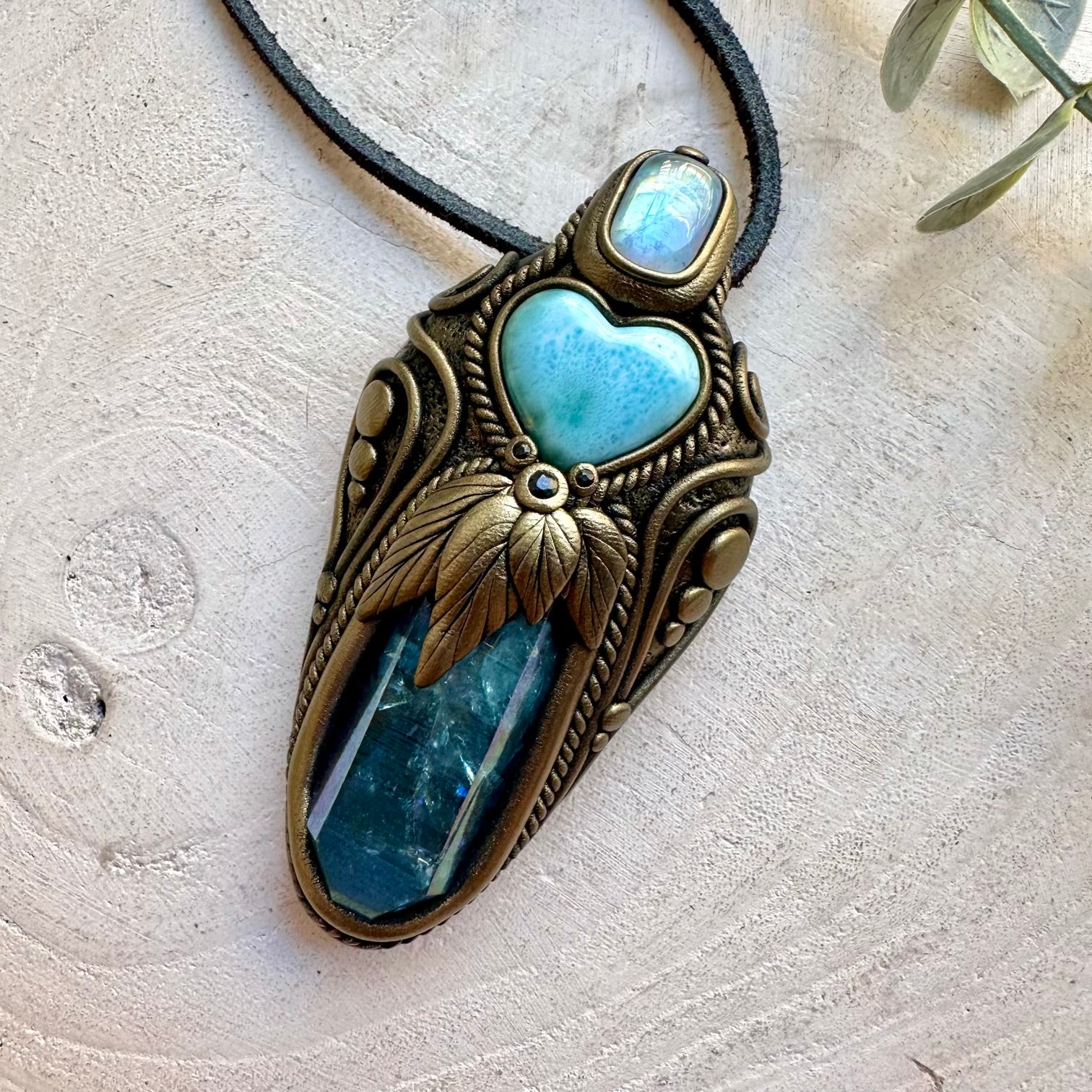 Handmade Aqua Aura Quartz healing crystal wand and pendant necklace featuring a Larimar Heart, Rainbow Moonstone and Blue Sapphire.