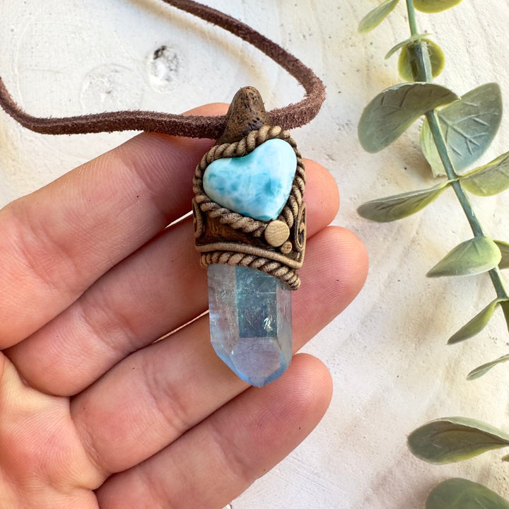 Aqua Aura Quartz and Larimar heart pendant necklace handmade with natural crystals