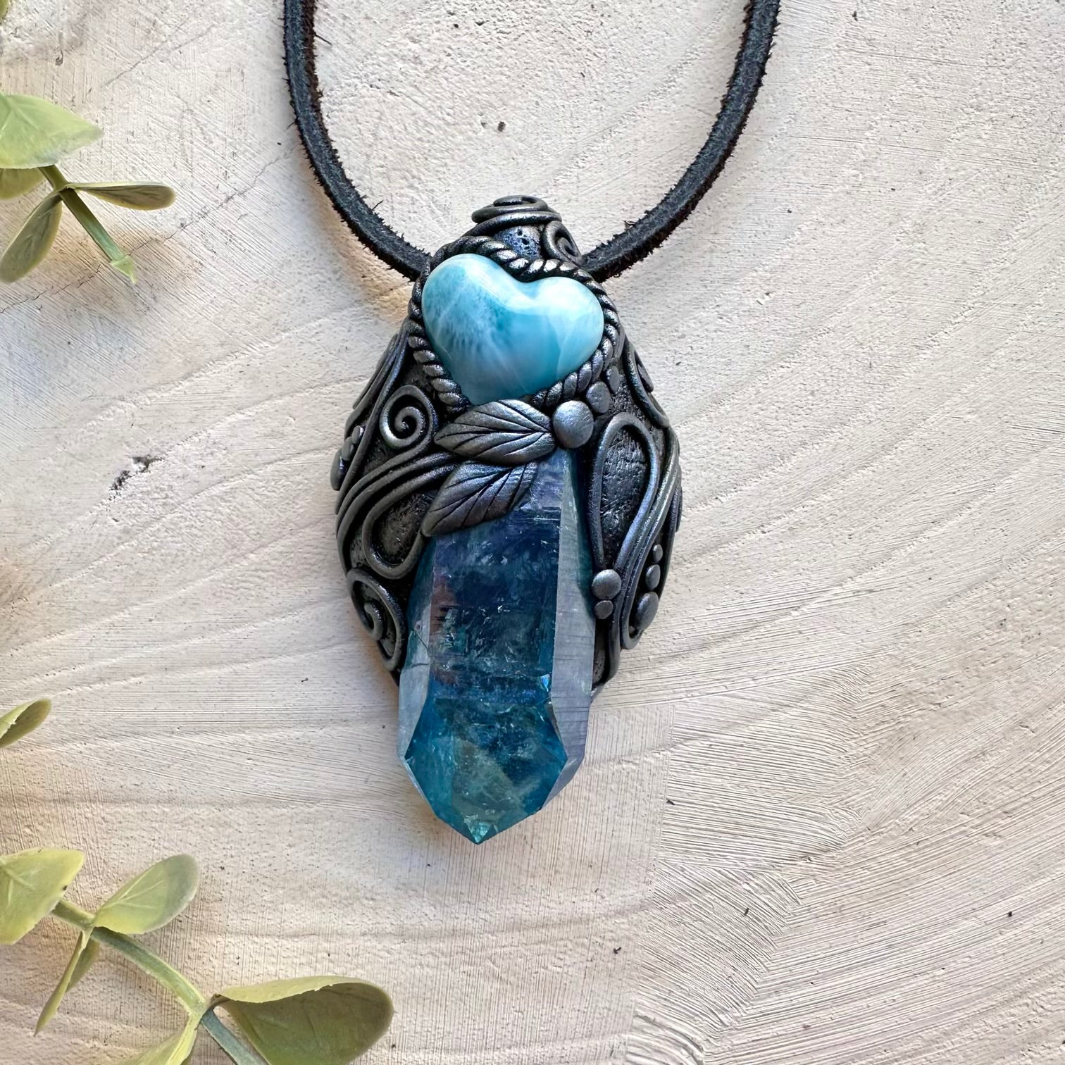 Aqua aura quartz and larimar heart pendant necklace
