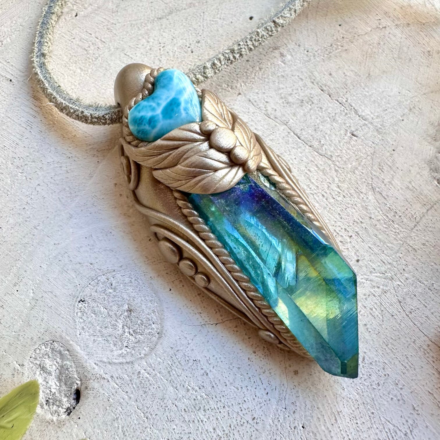 Aqua Aura Quartz and Larimar Heart handmade gemstone necklace with ocean energy crystals