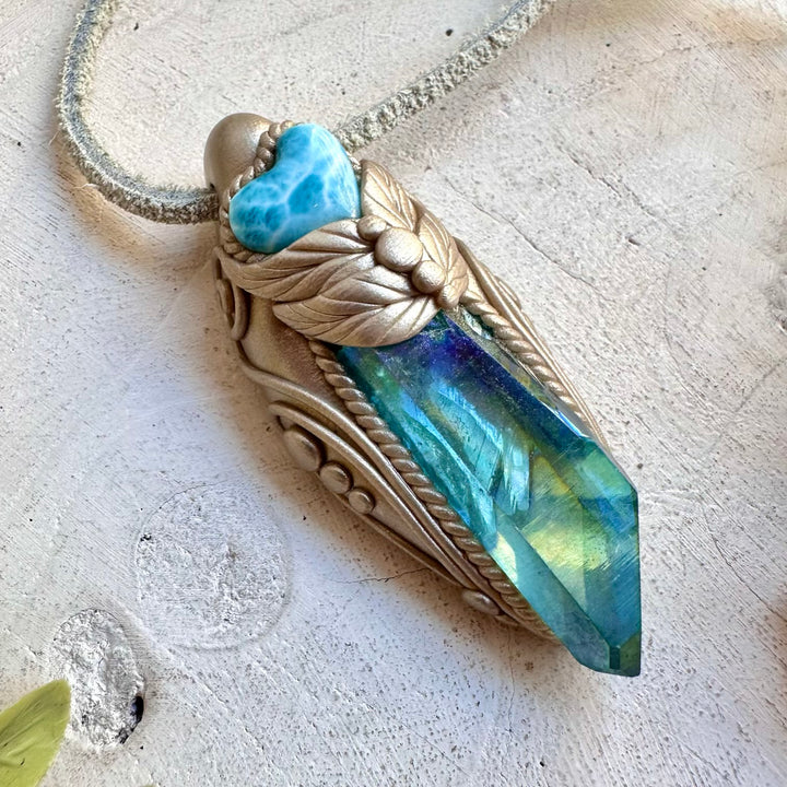 Aqua Aura Quartz and Larimar Heart handmade gemstone necklace with ocean energy crystals