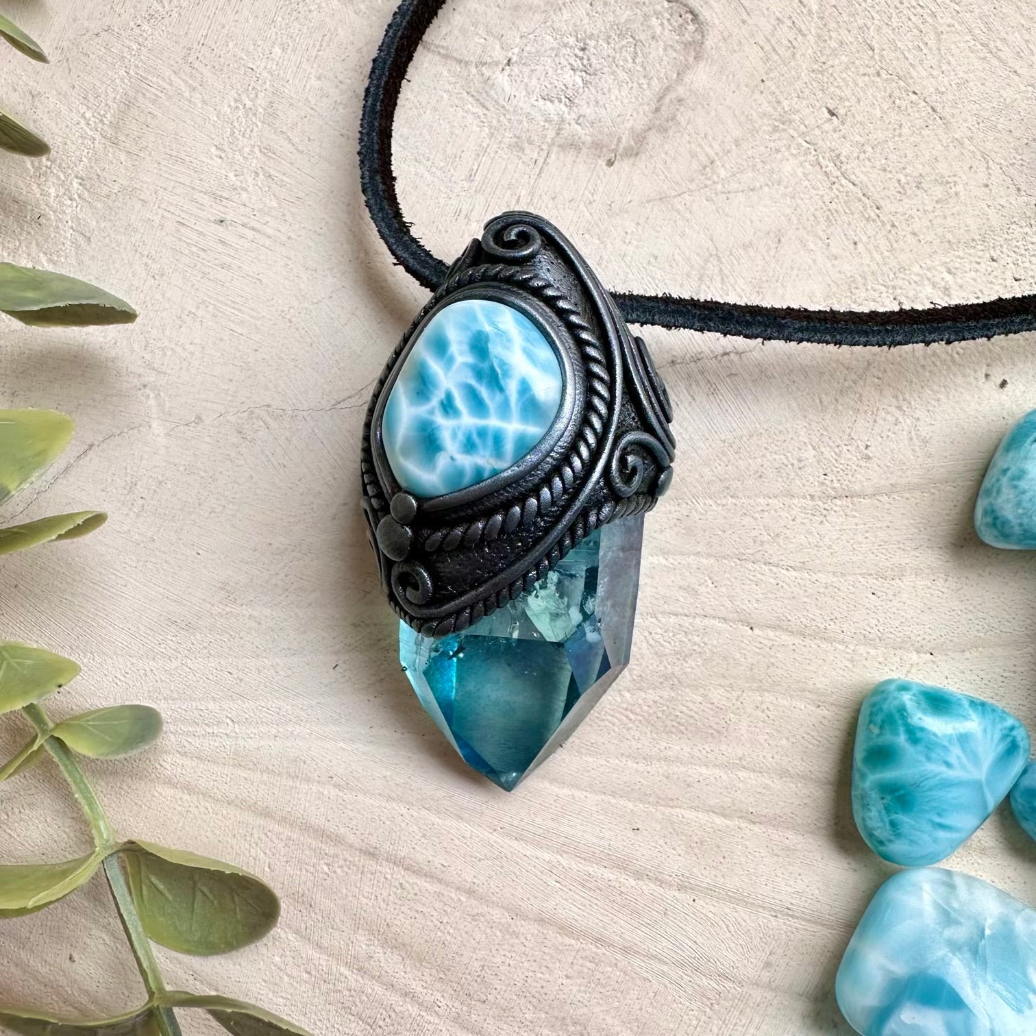 Aqua aura quartz and larimar necklace