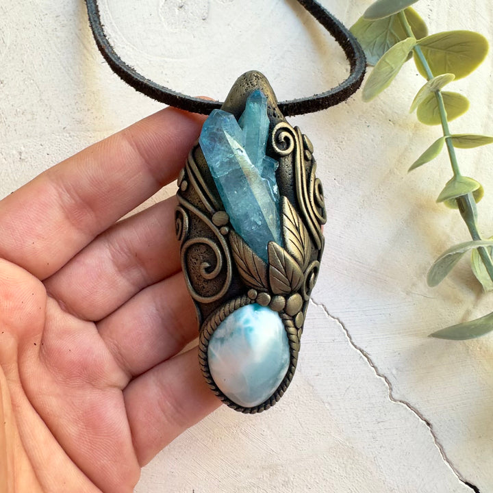 Aqua Aura Quartz and Larimar crystal pendant necklace