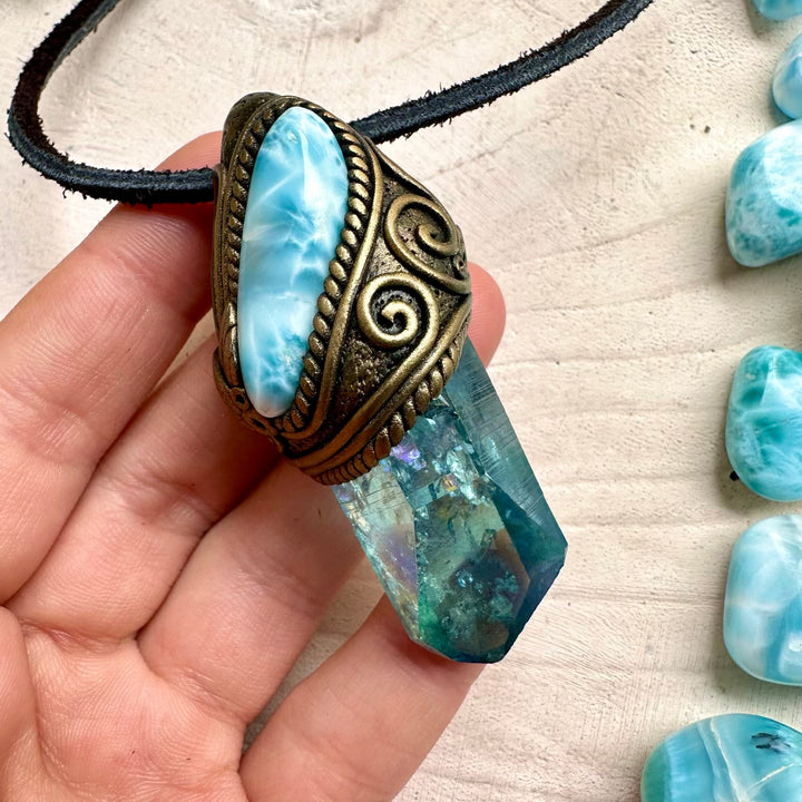 Aqua aura quartz and larimar pendant necklace handmade crystal jewelry