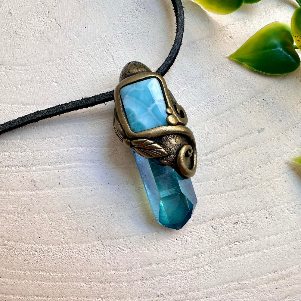 Aqua Aura Quartz and Larimar pendant necklace – handmade crystal jewelry