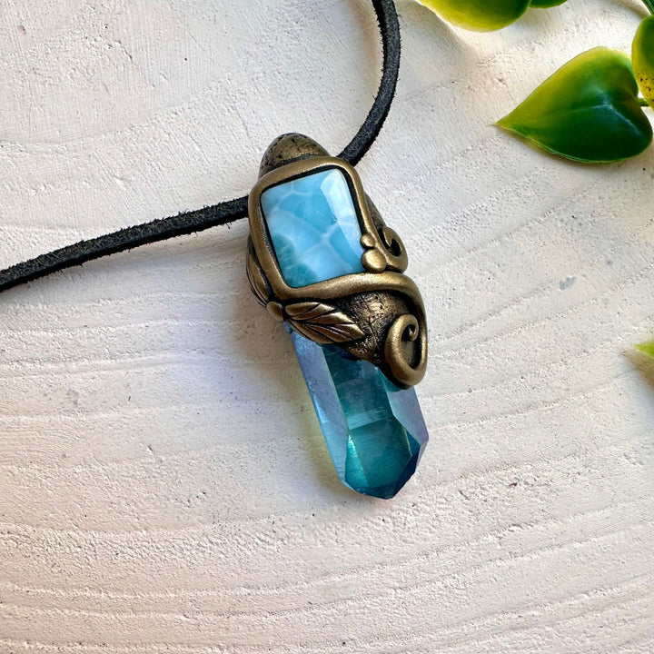 Aqua Aura Quartz and Larimar pendant necklace – handmade crystal jewelry