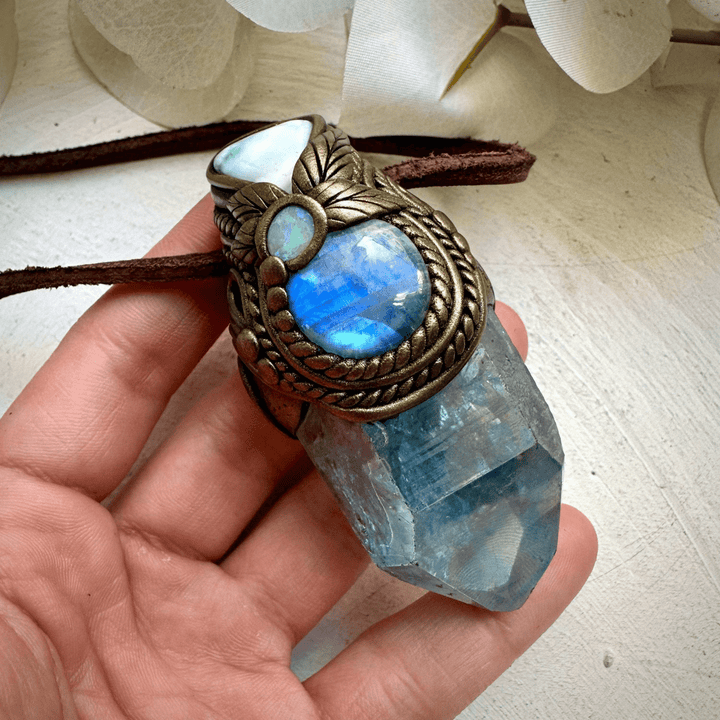 Aqua Aura Quartz Larimar Rainbow Moonstone and Australian Opal Wand / Necklace - FairyGardenGlow