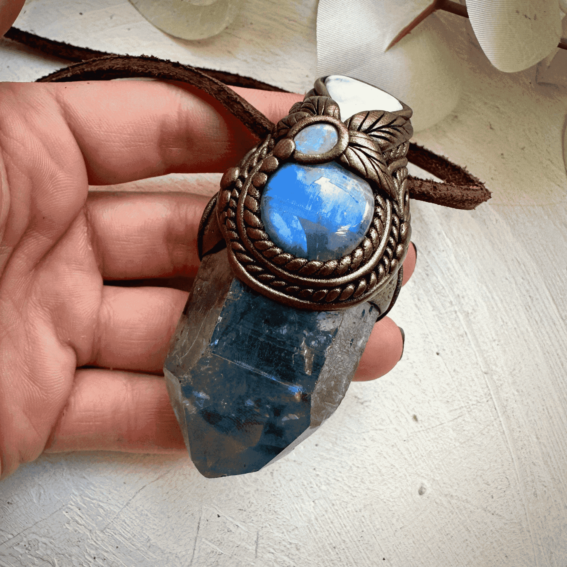 Aqua Aura Quartz Larimar Rainbow Moonstone and Australian Opal Wand / Necklace - FairyGardenGlow