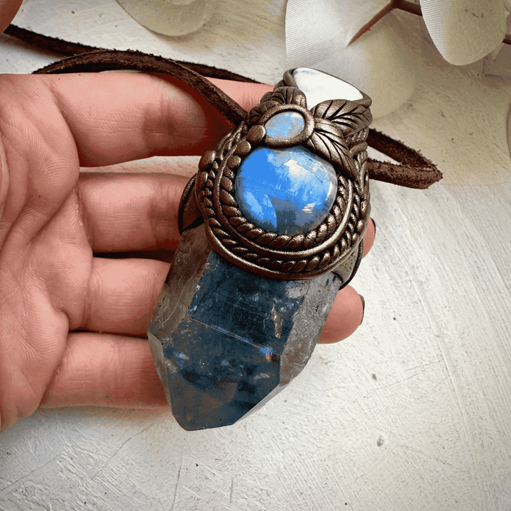 Aqua Aura Quartz Larimar Rainbow Moonstone and Australian Opal Wand / Necklace - FairyGardenGlow