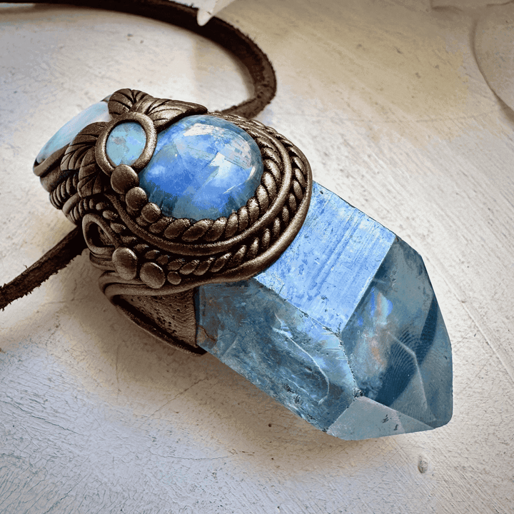 Aqua Aura Quartz Larimar Rainbow Moonstone and Australian Opal Wand / Necklace - FairyGardenGlow