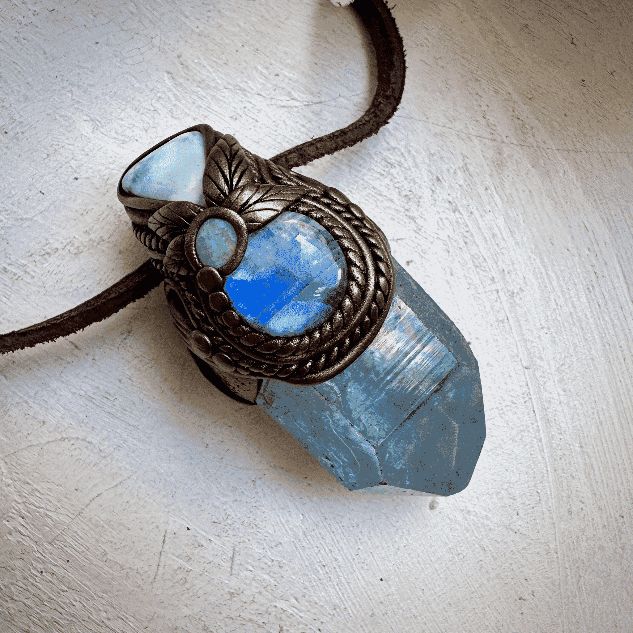Aqua Aura Quartz Larimar Rainbow Moonstone and Australian Opal Wand / Necklace - FairyGardenGlow