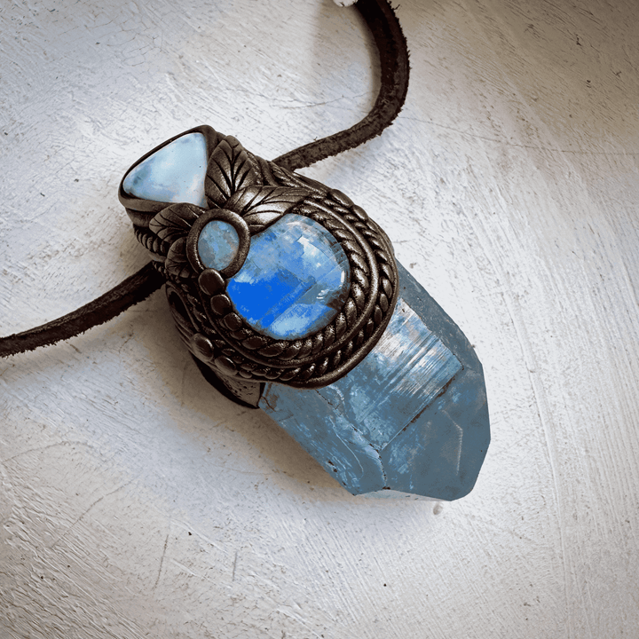Aqua Aura Quartz Larimar Rainbow Moonstone and Australian Opal Wand / Necklace - FairyGardenGlow