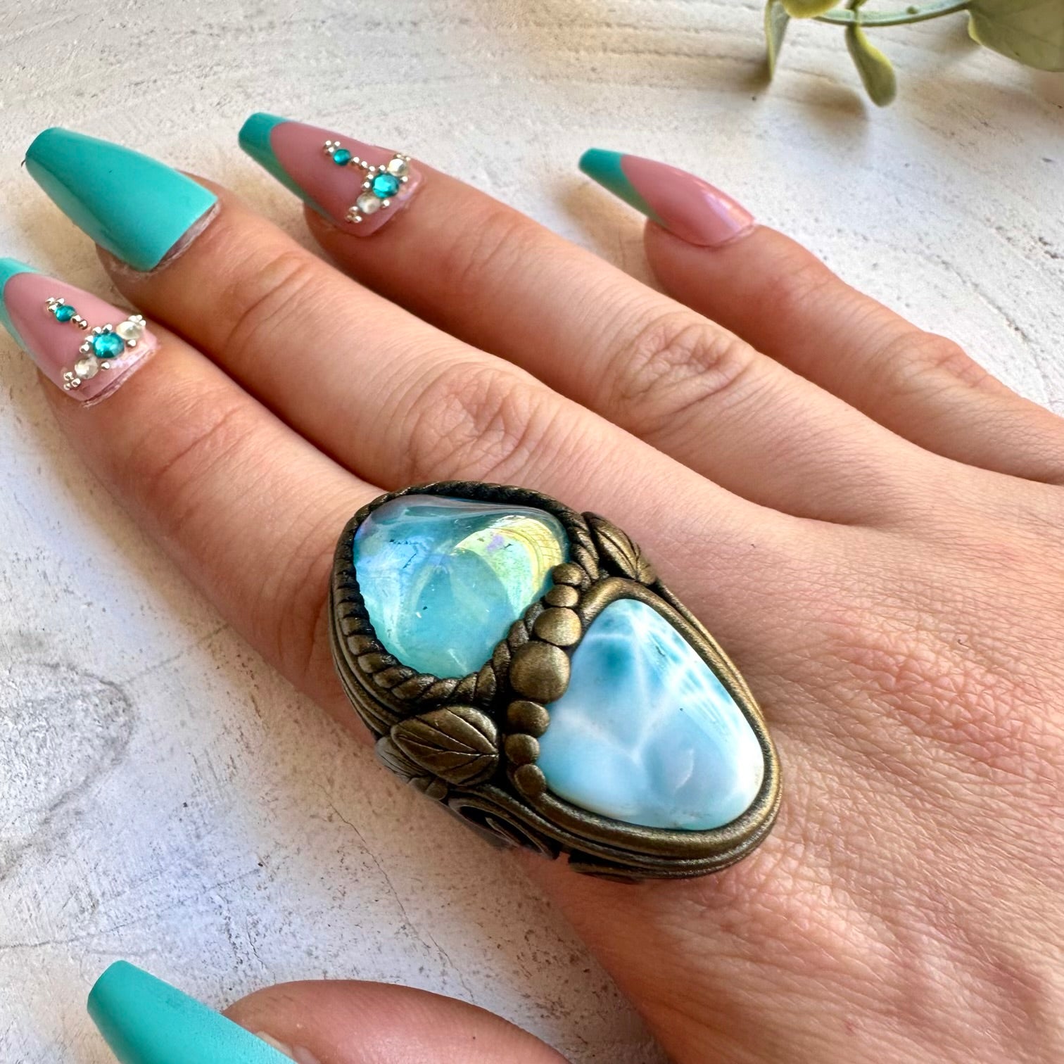 Aqua aura quartz and larimar handmade ring