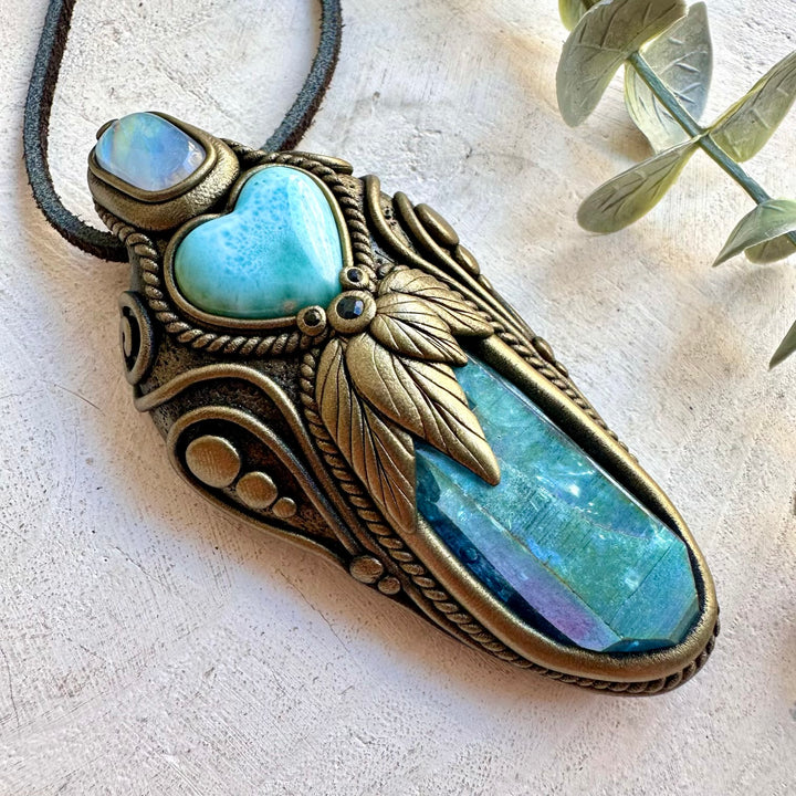 Unique healing wand - meditation tool with Aqua Aura Quartz, soft blue Larimar, Rainbow Moonstone and Blue Sapphire.