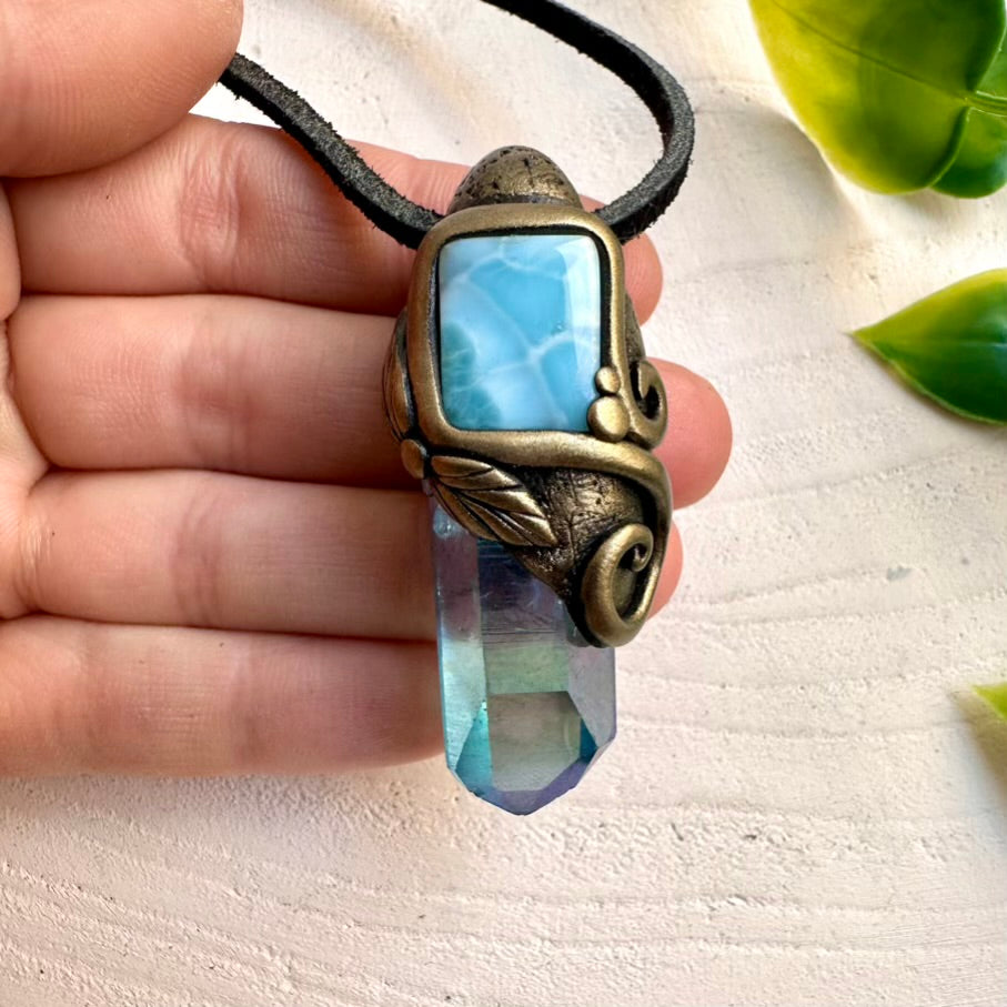 Crystal jewelry featuring Aqua Aura Quartz and ocean-blue Larimar