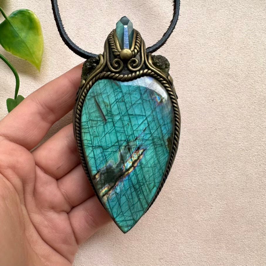 Labradorite Aqua Aura Quartz and Moldavite Crystal Necklace, One of a kind Gemstone Jewelry - FairyGardenGlow