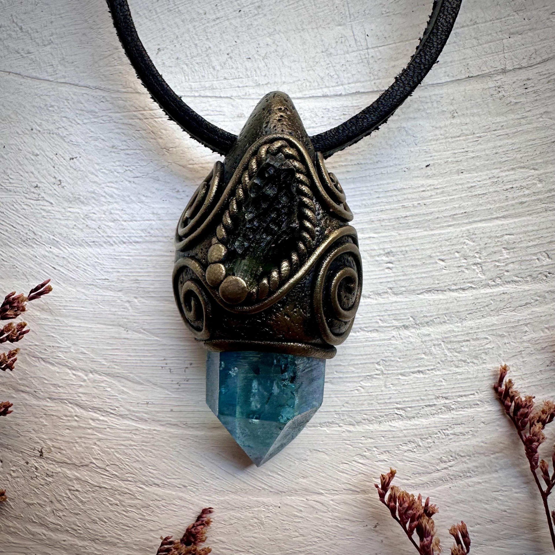 Aqua Aura Quartz and Moldavite Necklace - FairyGardenGlow