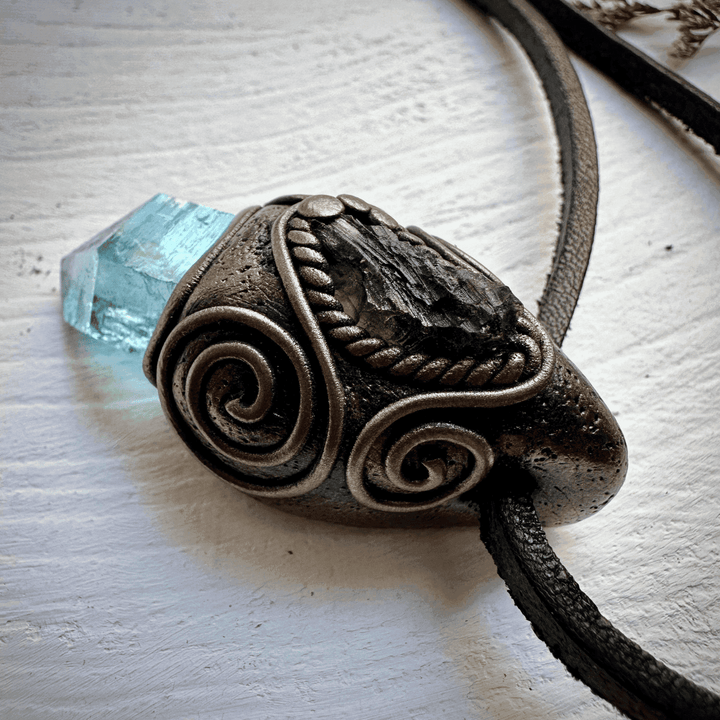 Aqua Aura Quartz and Moldavite Necklace - FairyGardenGlow