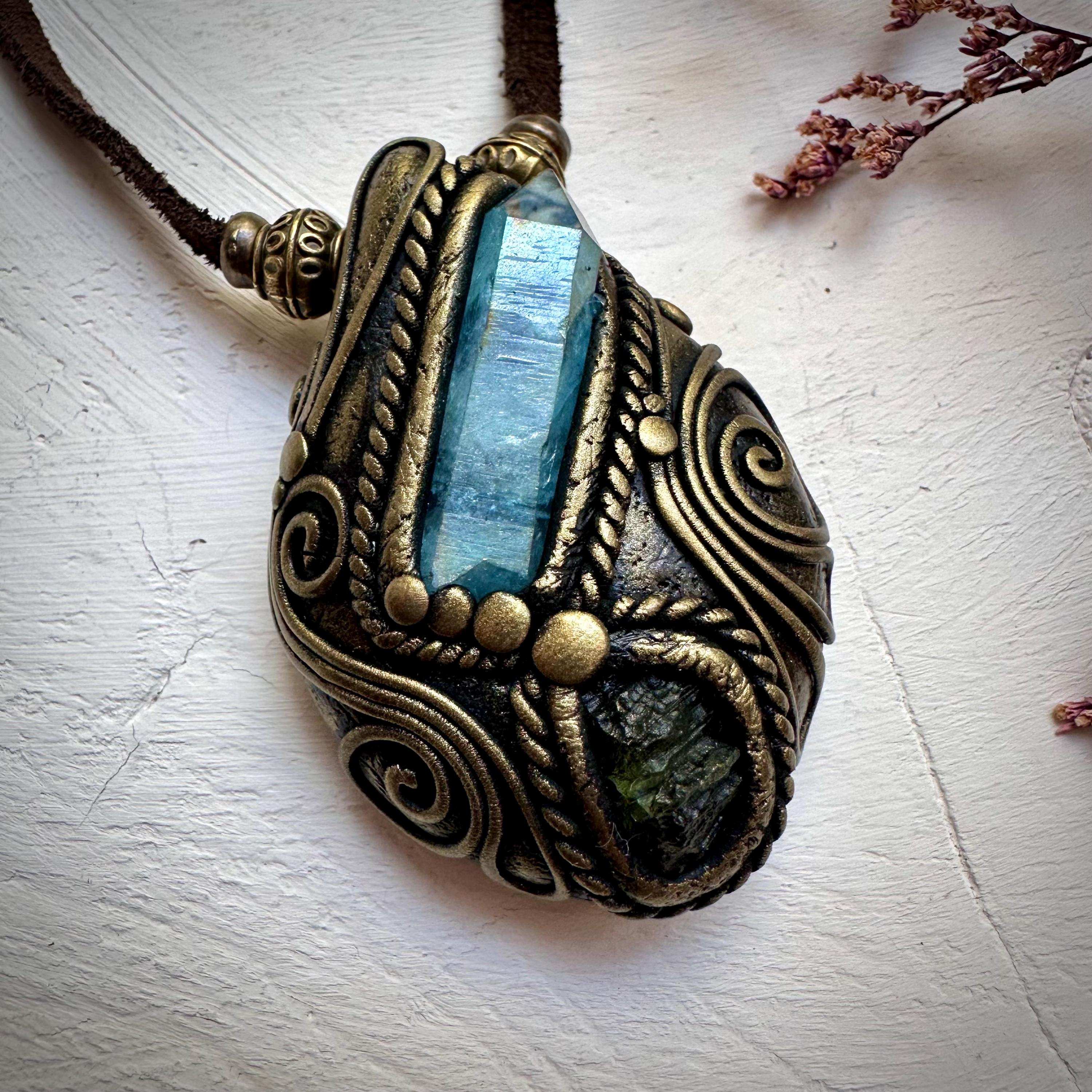 Aqua Aura Quartz and Moldavite Necklace - FairyGardenGlow