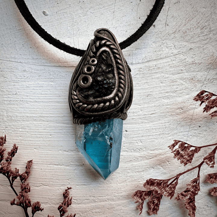 Aqua Aura Quartz and Moldavite Necklace - FairyGardenGlow