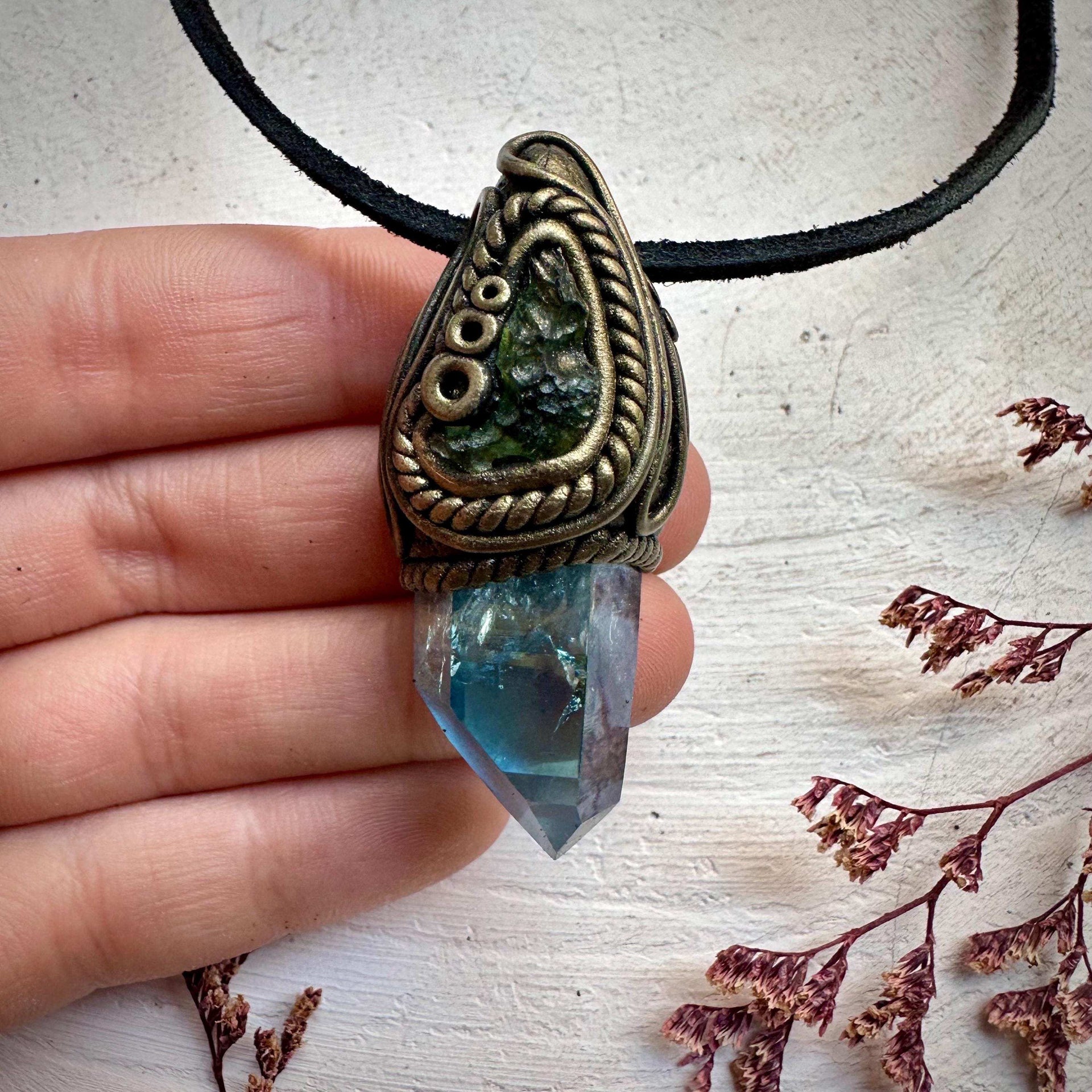 Aqua Aura Quartz and Moldavite Necklace - FairyGardenGlow