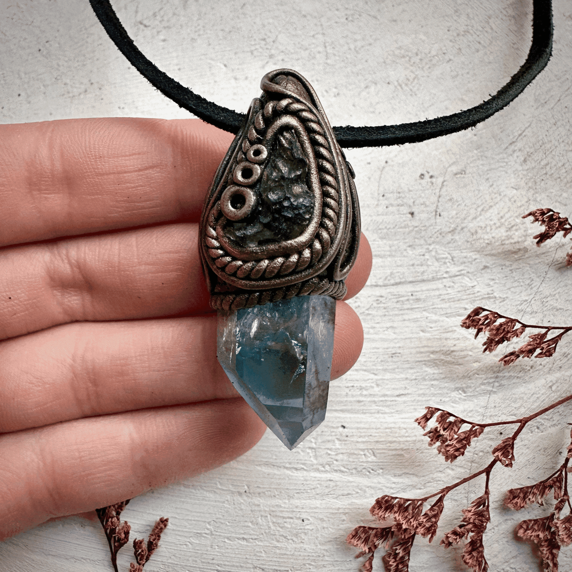 Aqua Aura Quartz and Moldavite Necklace - FairyGardenGlow