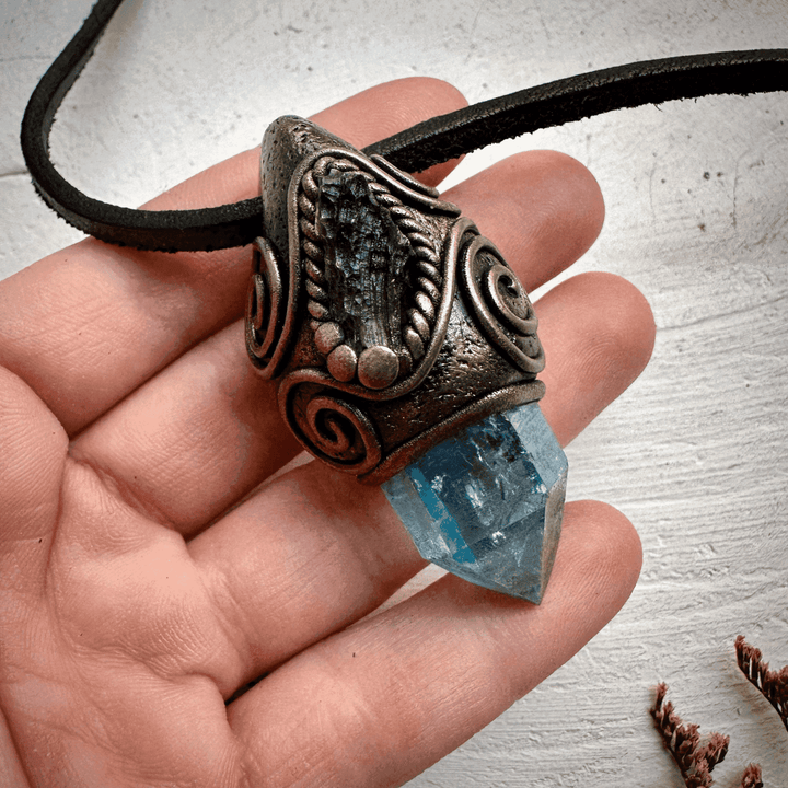 Aqua Aura Quartz and Moldavite Necklace - FairyGardenGlow