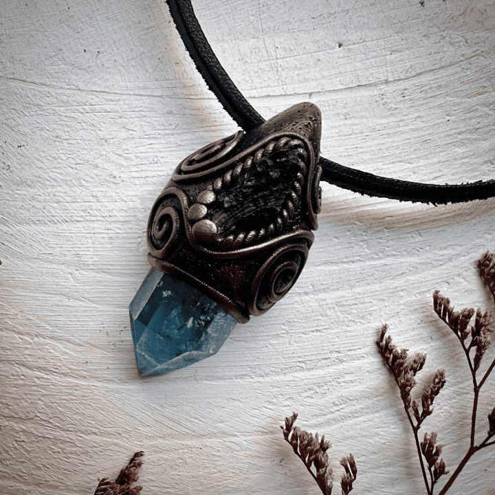 Aqua Aura Quartz and Moldavite Necklace - FairyGardenGlow