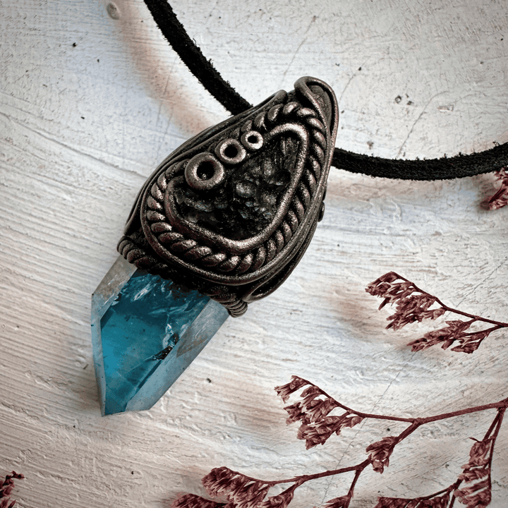 Aqua Aura Quartz and Moldavite Necklace - FairyGardenGlow