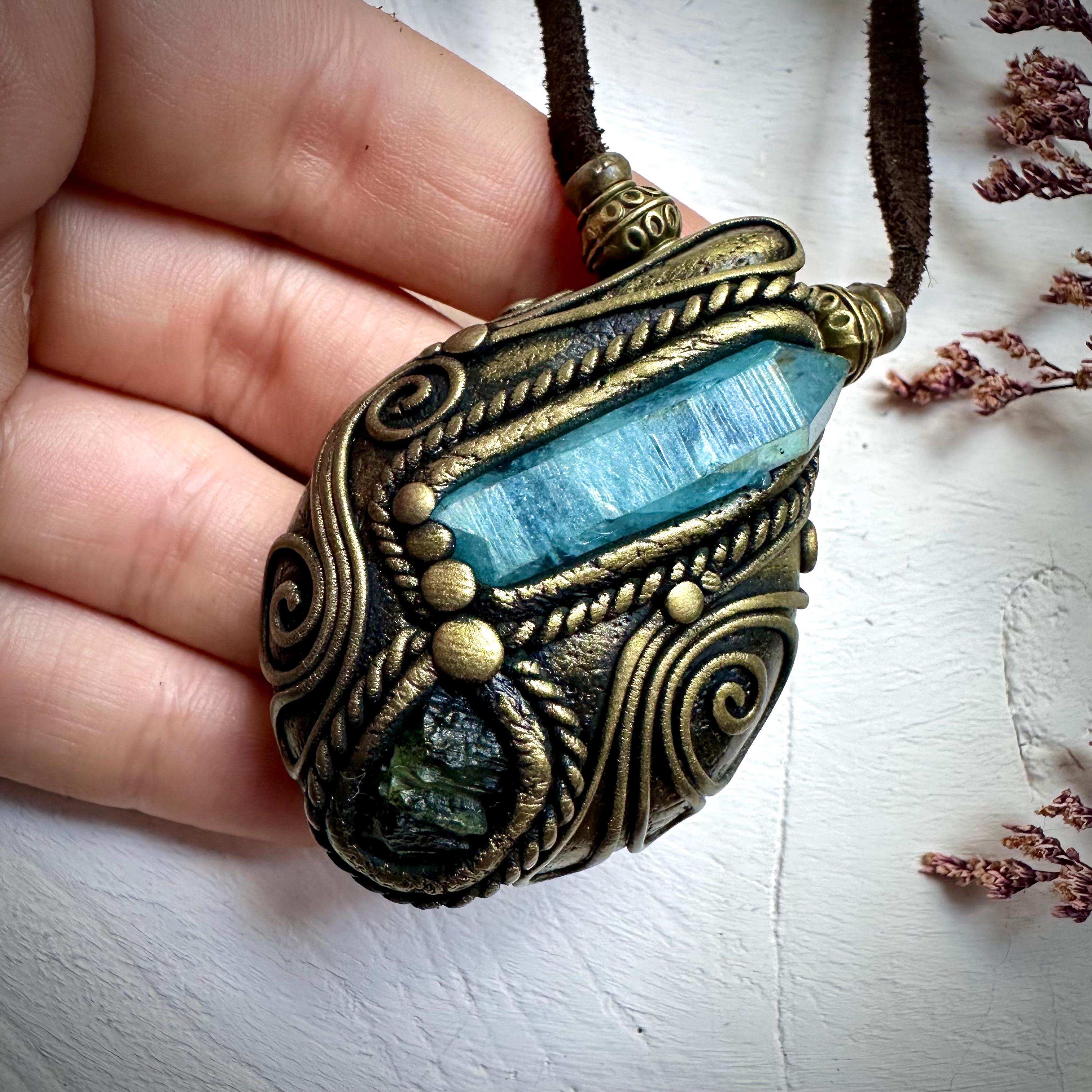 Aqua Aura Quartz and Moldavite Necklace - FairyGardenGlow