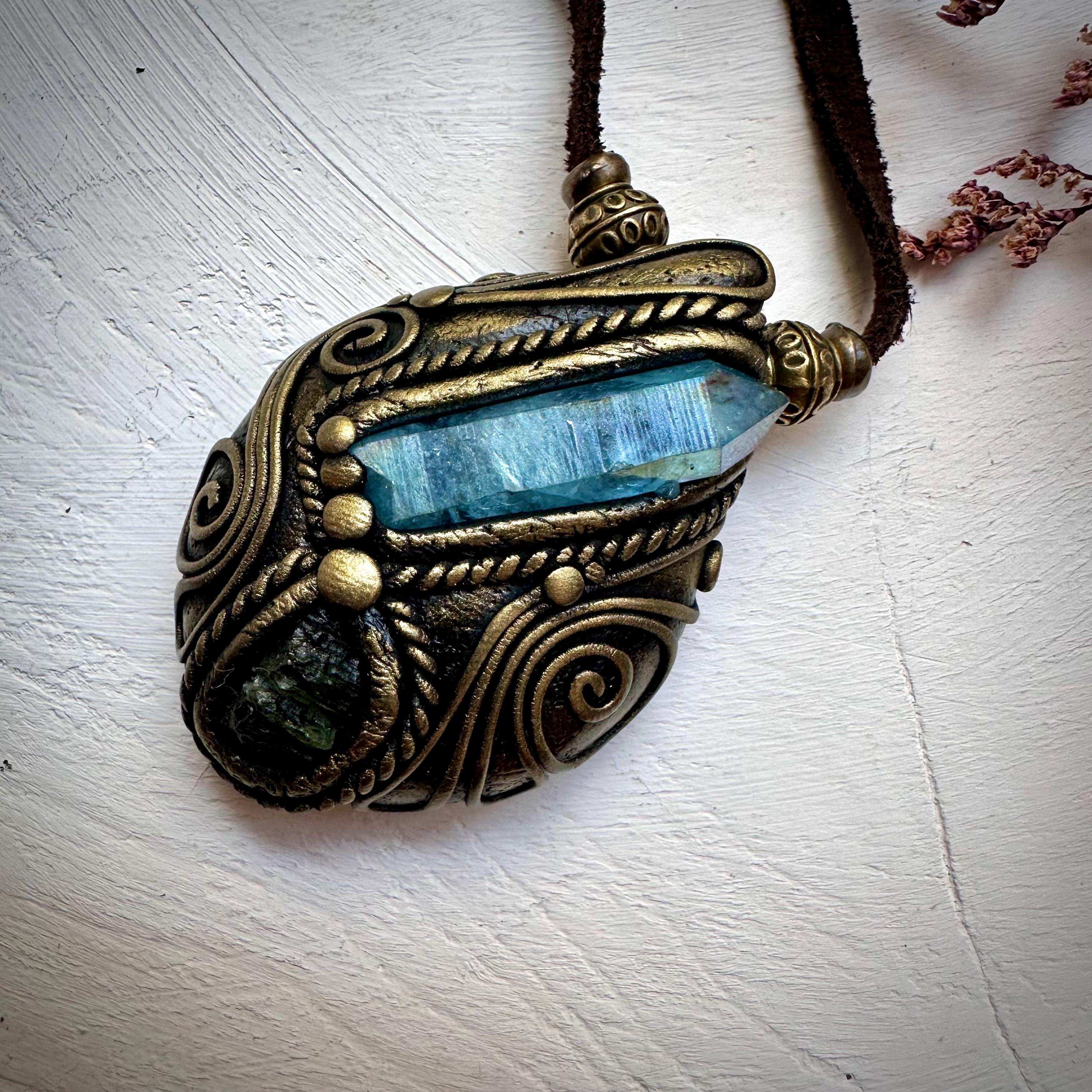 Aqua Aura Quartz and Moldavite Necklace - FairyGardenGlow