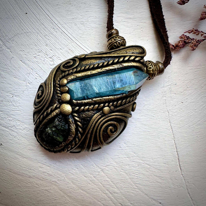 Aqua Aura Quartz and Moldavite Necklace - FairyGardenGlow