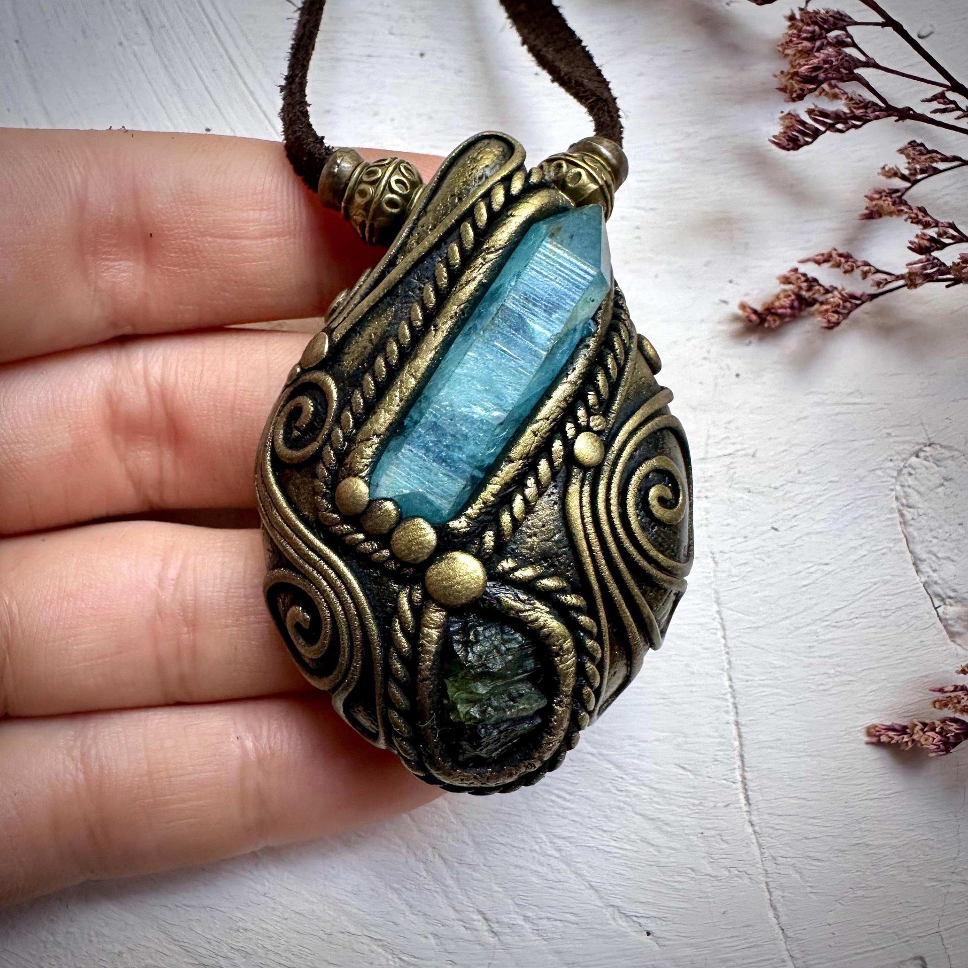 Aqua Aura Quartz and Moldavite Necklace - FairyGardenGlow