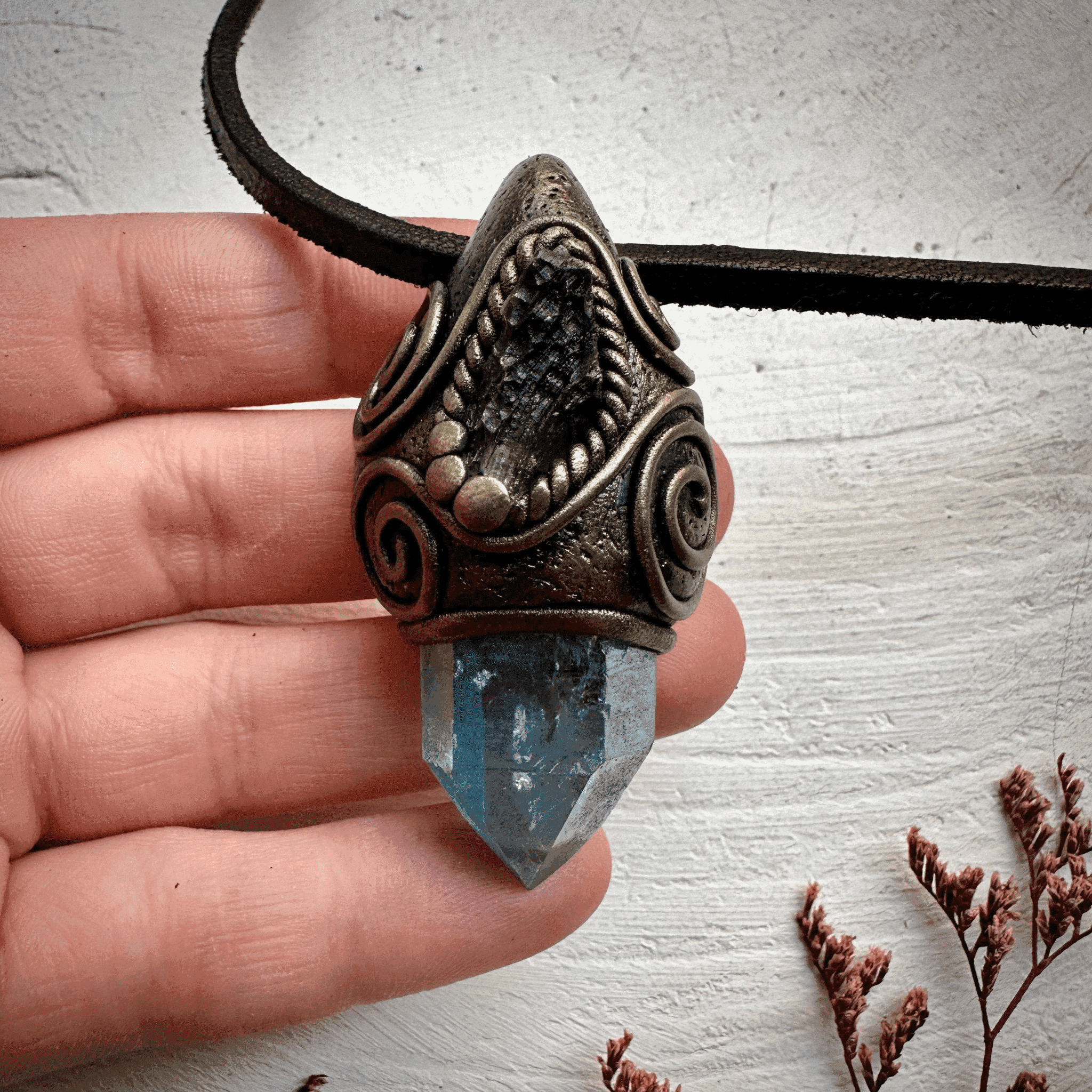 Aqua Aura Quartz and Moldavite Necklace - FairyGardenGlow