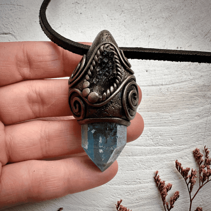 Aqua Aura Quartz and Moldavite Necklace - FairyGardenGlow