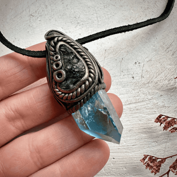 Aqua Aura Quartz and Moldavite Necklace - FairyGardenGlow