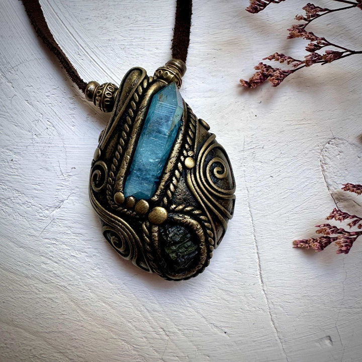 Aqua Aura Quartz and Moldavite Necklace - FairyGardenGlow