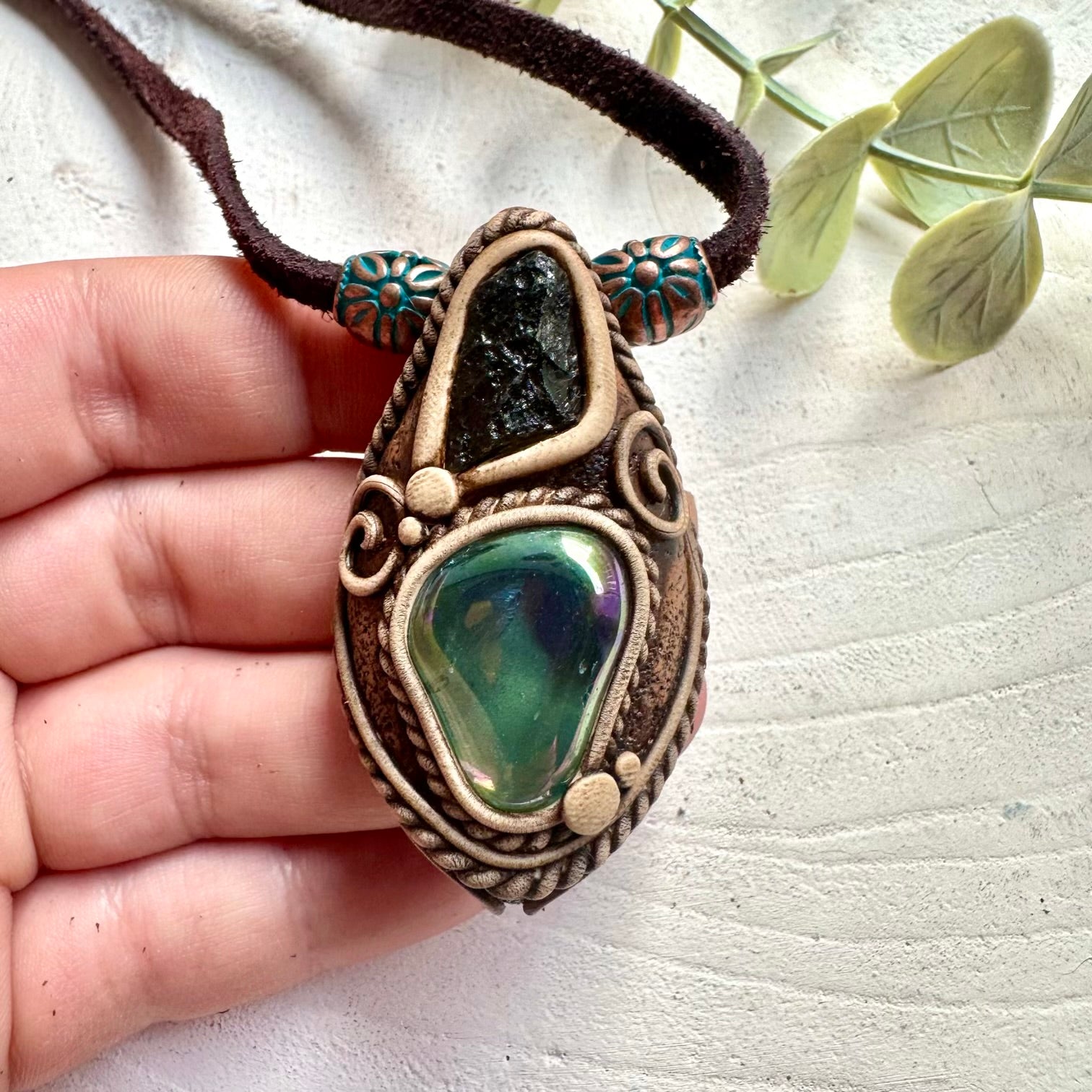 Handmade Aqua Aura Quartz and Moldavite pendant necklace with genuine natural crystals.
